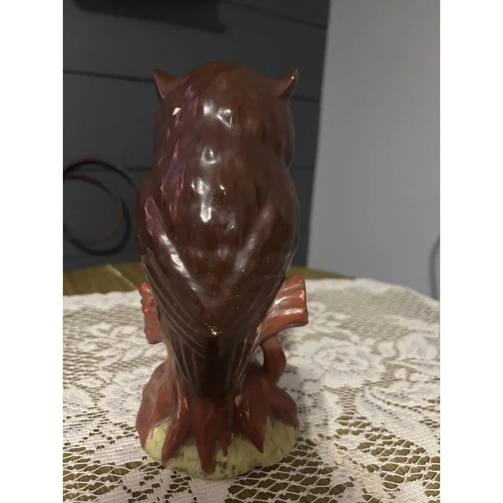 Vintage Ceramic Owl Figurine Brown Glossy Orange Eyes Sunflower Base 8.5 Inch